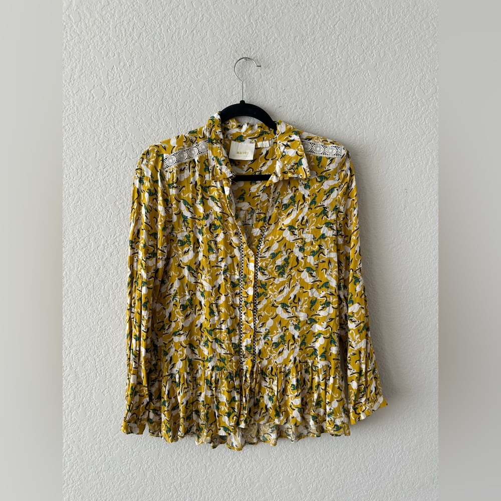 Maeve Anthropologie US 4 Mustard Print Long Sleeve Ruffle Hem Blouse Top